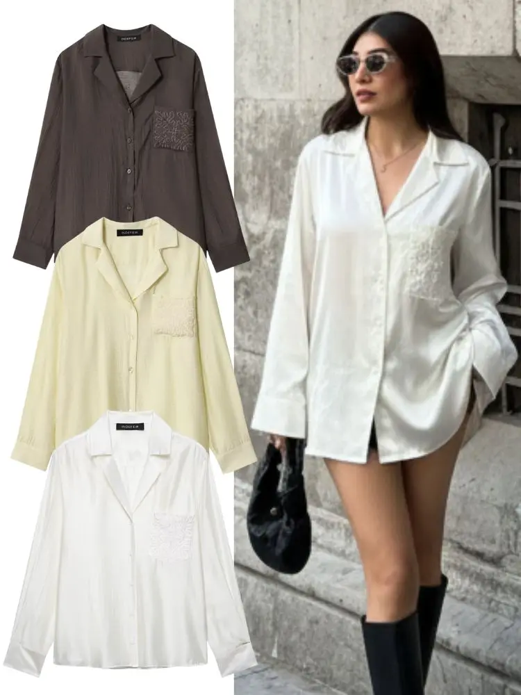 HH printemps femmes décontracté Simple chemises 2026 femme élégante poche broderie décoré à manches longues Blouses amples hauts de rue