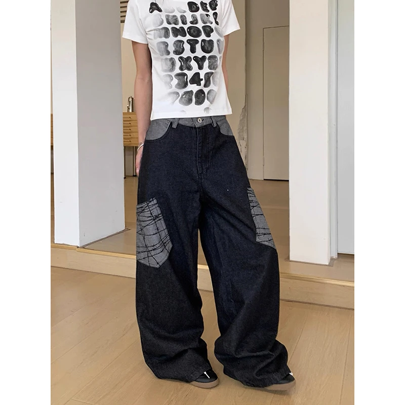ZHIZOU Damskie Luźne Jeansy Y2k Japońsko-Amerykańskie Retro Elastyczne w Pasie Spodnie Denimowe Harajuku Kowbojskie Szerokie Krój High Street Cyber Punk