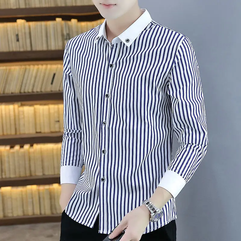 Men's Shirt Spring and Autumn Long-sleeved Base Trendy Youth Inch with Striped Casual Ironing Shirt JJ173