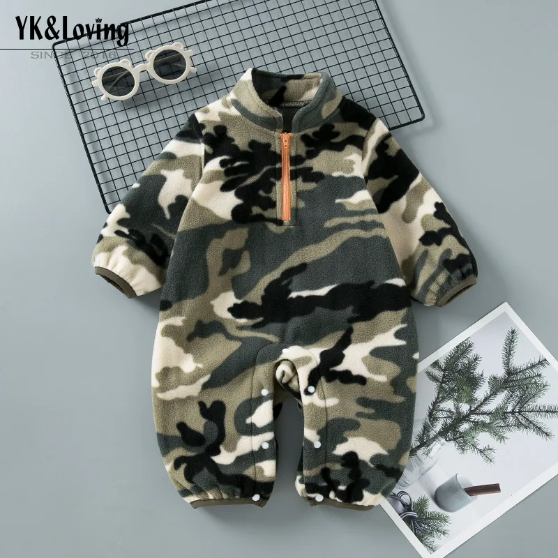 New Style Baby Boy Jumpsuit Fashionable Camouflage Long Sleeved Baby Jumpsuit Winter Flannel Warm Climbing Suit