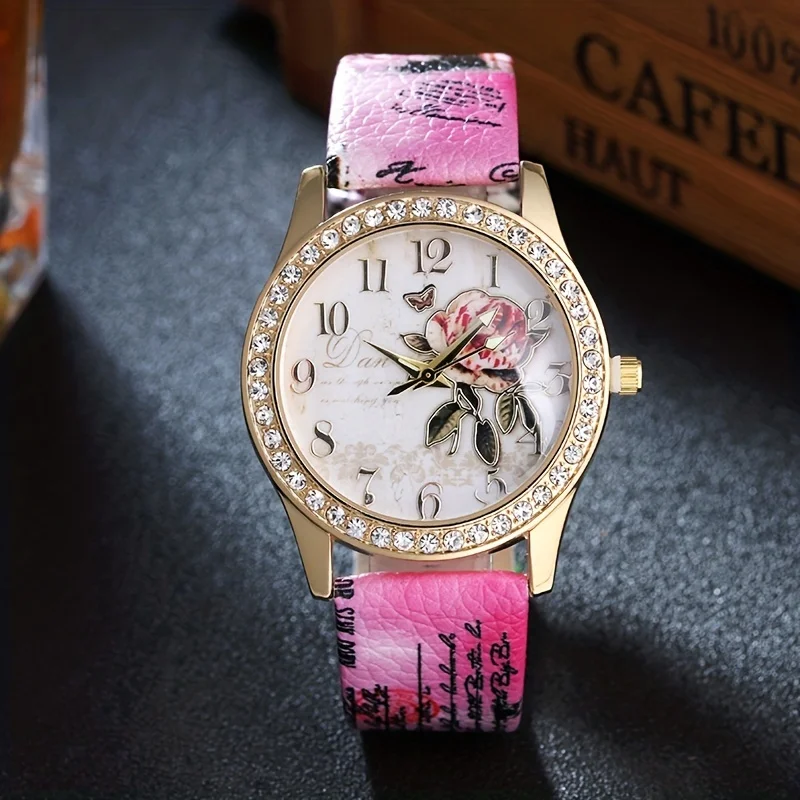 Boho Rhinestone Decor Quartz Watch Rose Flower Dial Analog PU Leather Dress Watch For Women