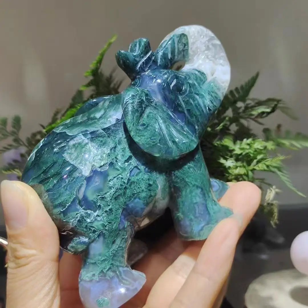 Natural moss agate crystal quartz carved elephant, enhancing vitality and healing, suitable for home and office decoration, puri