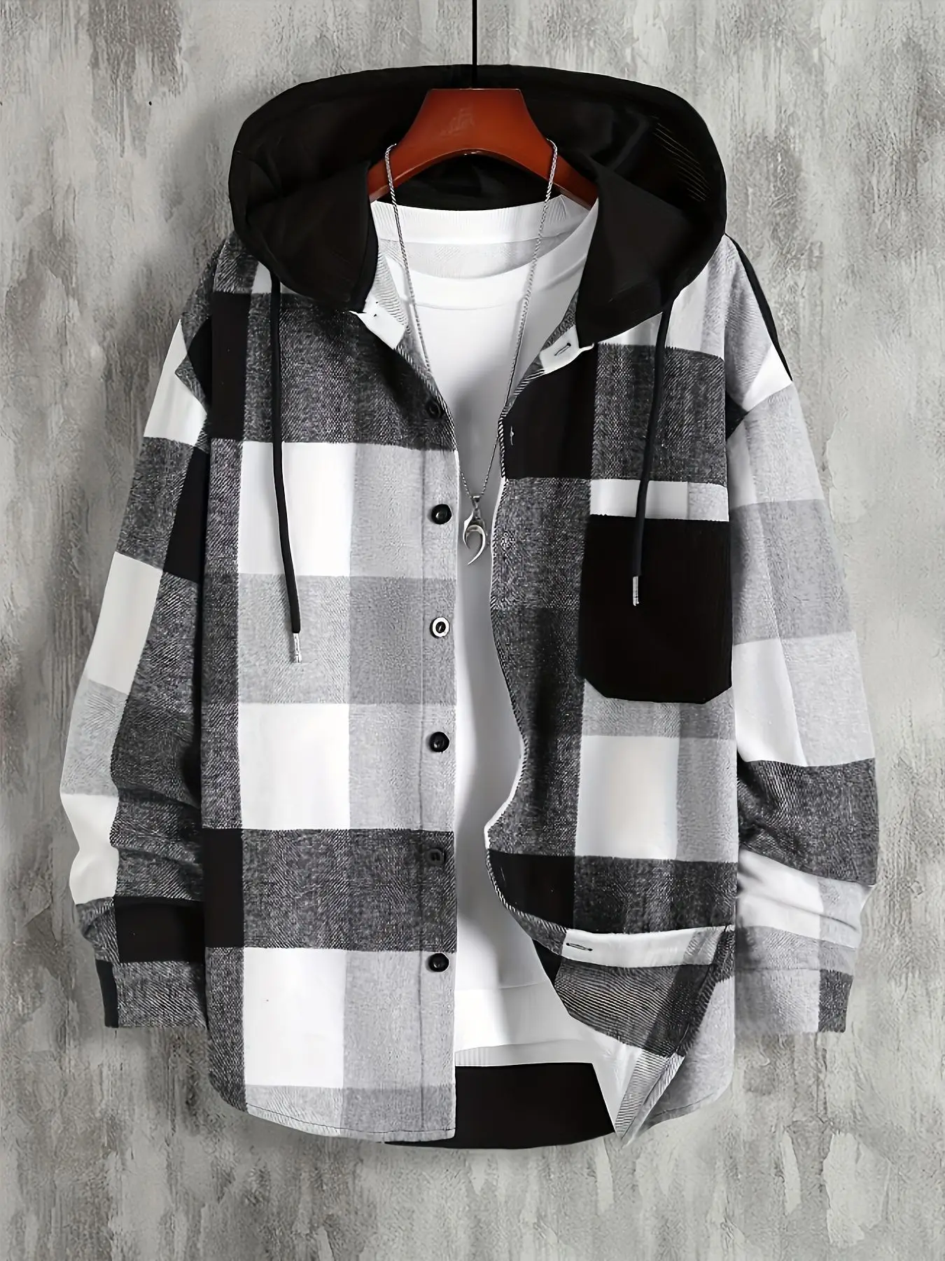 Thick exterior color blocked checkered hooded shirt