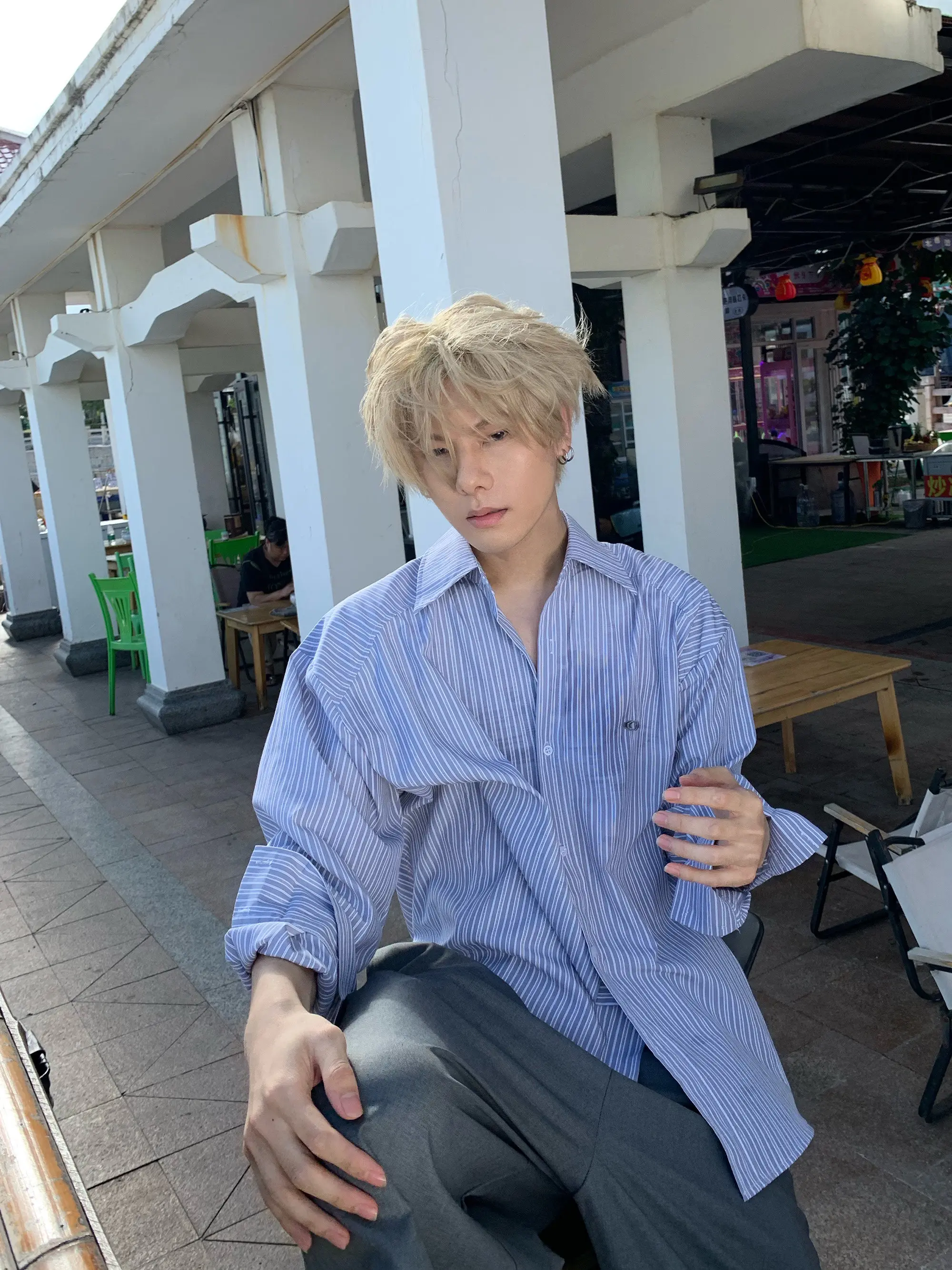 

Retro American Holiday Style Blue Striped Loose Casual Couples Shirt Women's Men's Spring Autumn Breathable Embroidered