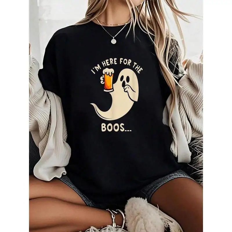 

Funny Halloween Ghost T-Shirt I'm Here For The Boos Graphic Tee Unisex Spooky Party Apparel Beer Lover Gift