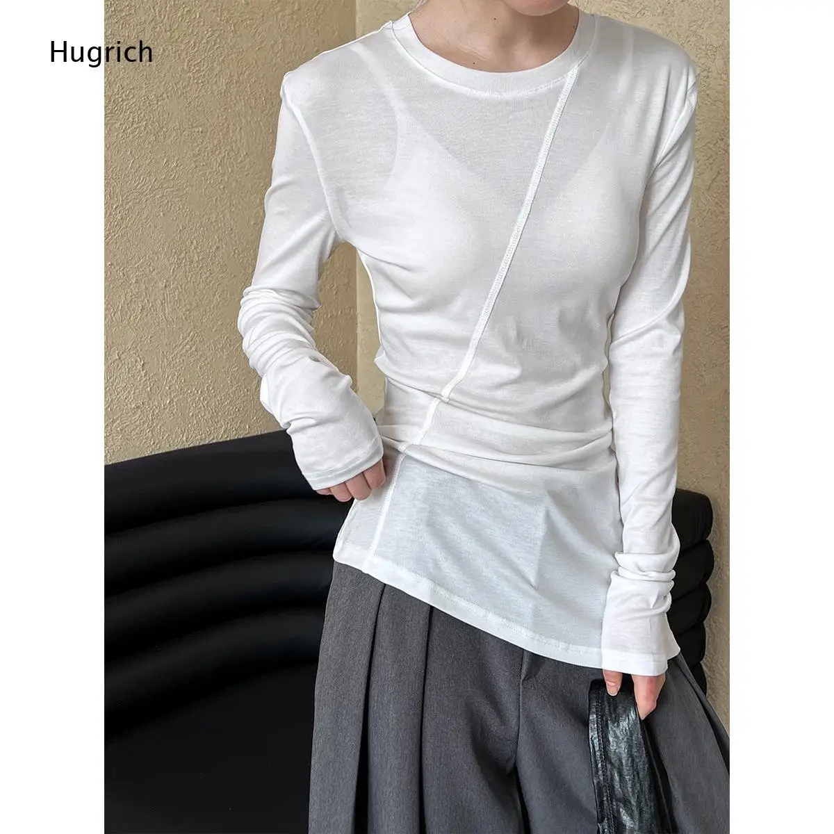 Ladies Solid Long Sleeve T-Shirt Round Neck Diagonal Stitch Detail Side Ruched Curved Hem Skinny Daily Layer Shirt