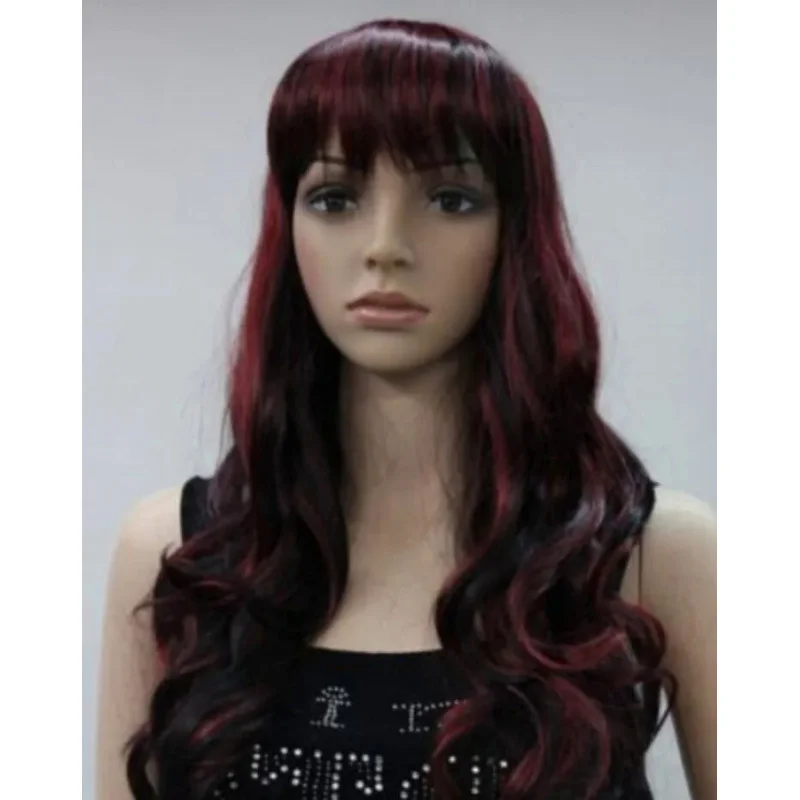 WIG LL<<< 00665 Bla   Burgundy Mixed Long Wavy Women Ladies Daily wig Bangs