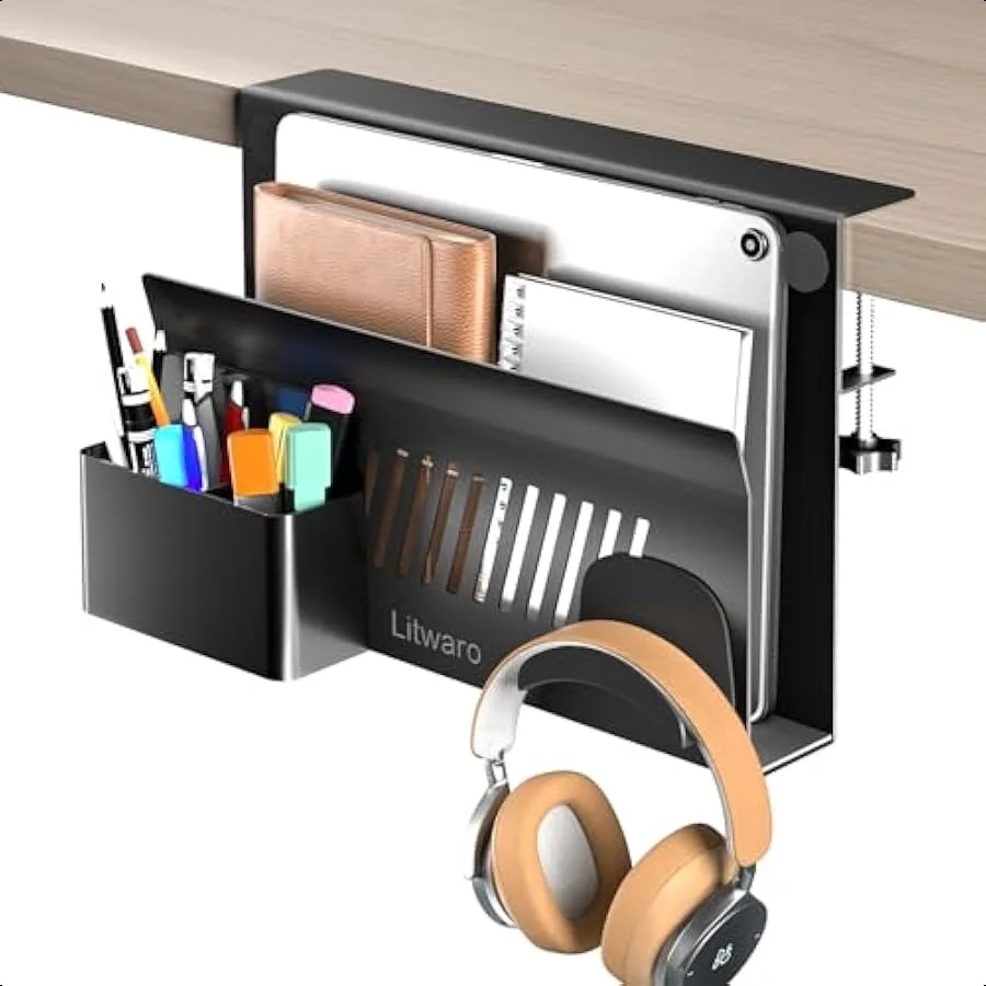 

Desk Side Storage No Drill Laptop Holder with Magnetic Pen Holder Clamp on Laptop Mount with Sticky Headphone Stand Hanging Org