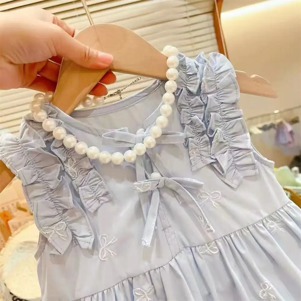 Summer Toddler Girls Blue Embroidered Bow Waist Sleeveless Vest Dress Fashionable Ruffle Hem No Necklace Included Breathable