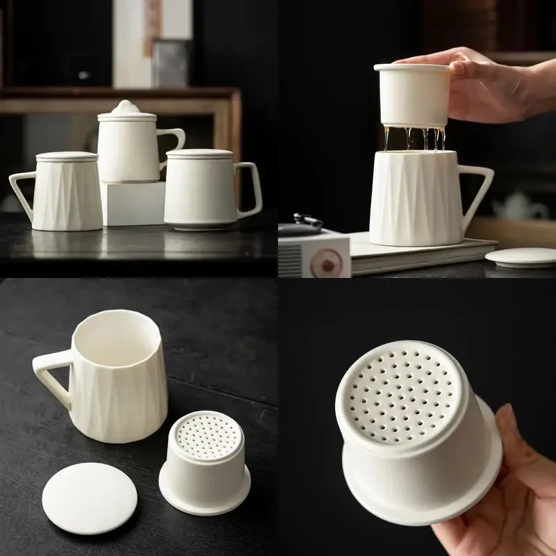 

【CHIMU HOME】 Ceramic Cup with Water Separation Filter Screen and Lid for Personal Office Use Simple Teacup Mug