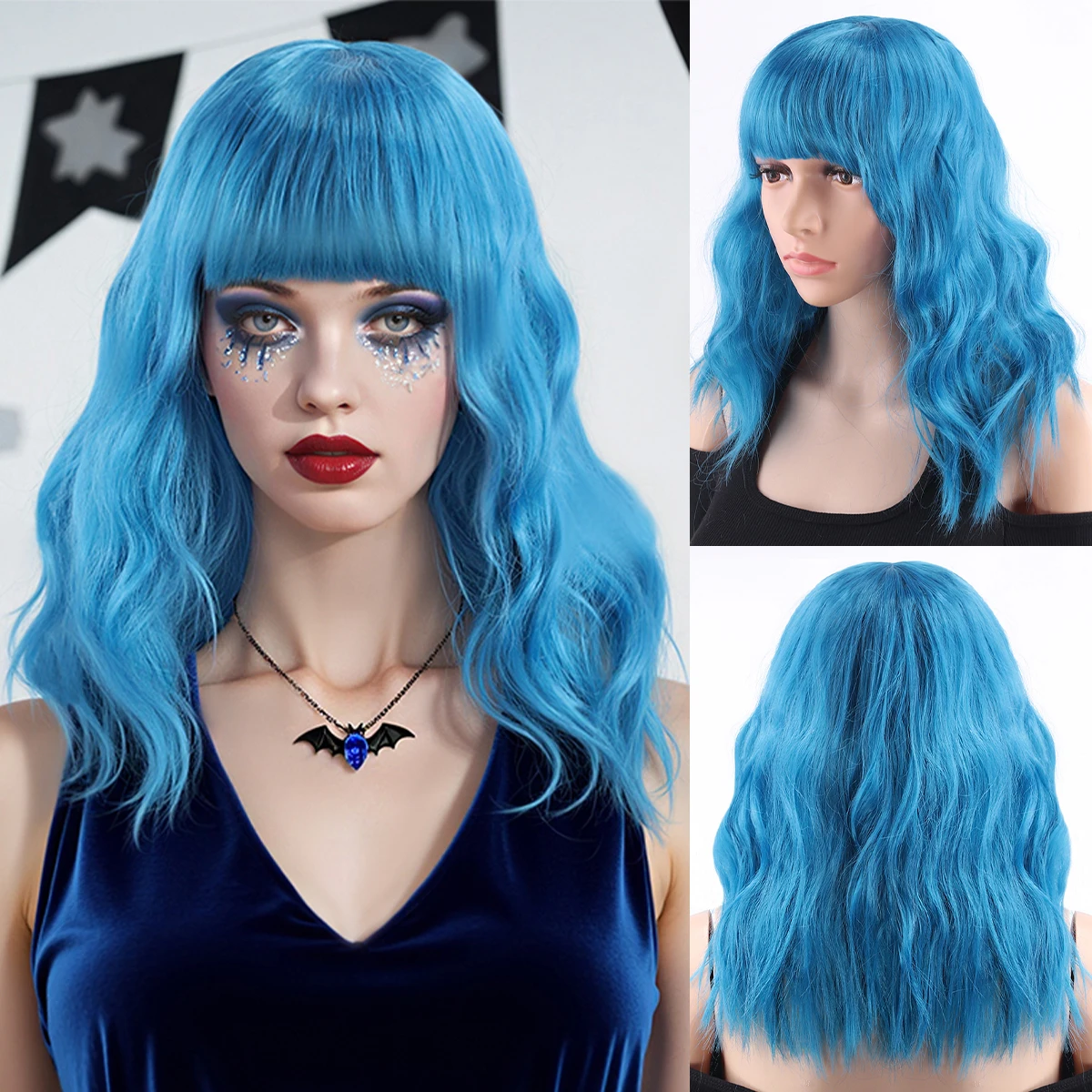 

40cm Aqua Blue Air Bangs Water Wave Shoulder-Length Curly Wig, Synthetic Fiber Wig for Cosplay