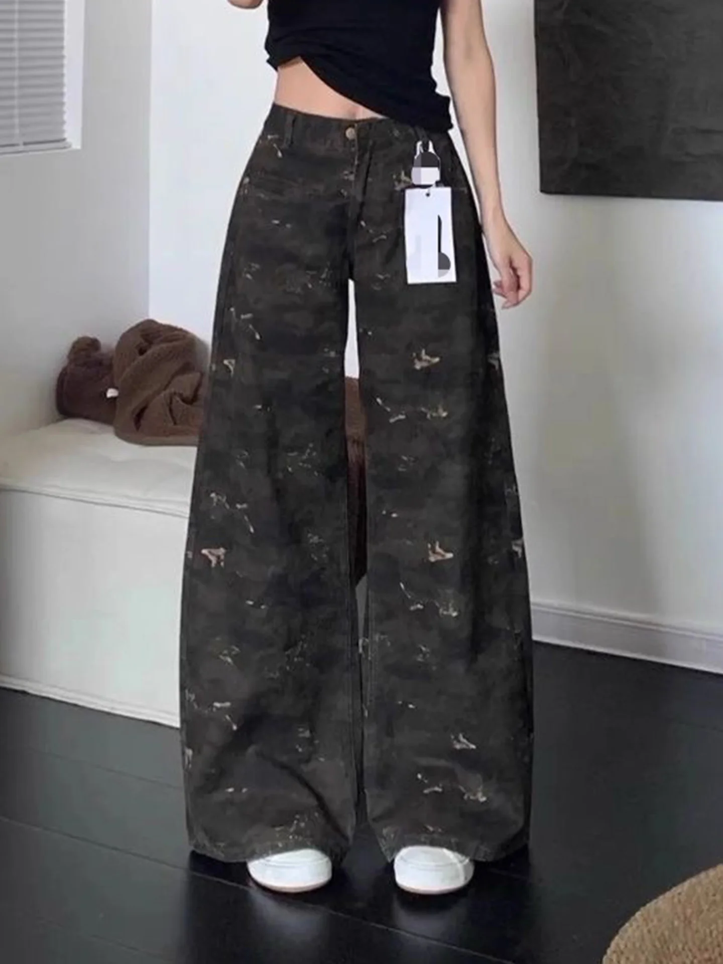 

American Sle High Waist Loose Fit Women's Camouflage Workwear Jeans Straight Leg Wide Leg Pants Spring 2026 New Arrival