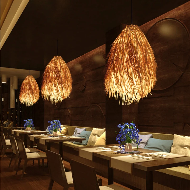 

Creative Hand Woven Rattan Art Pendant Lights E27 Dining Table Ceiling Decoration Lamp Fixtures Japanese Straw Hat Hanging Lamps