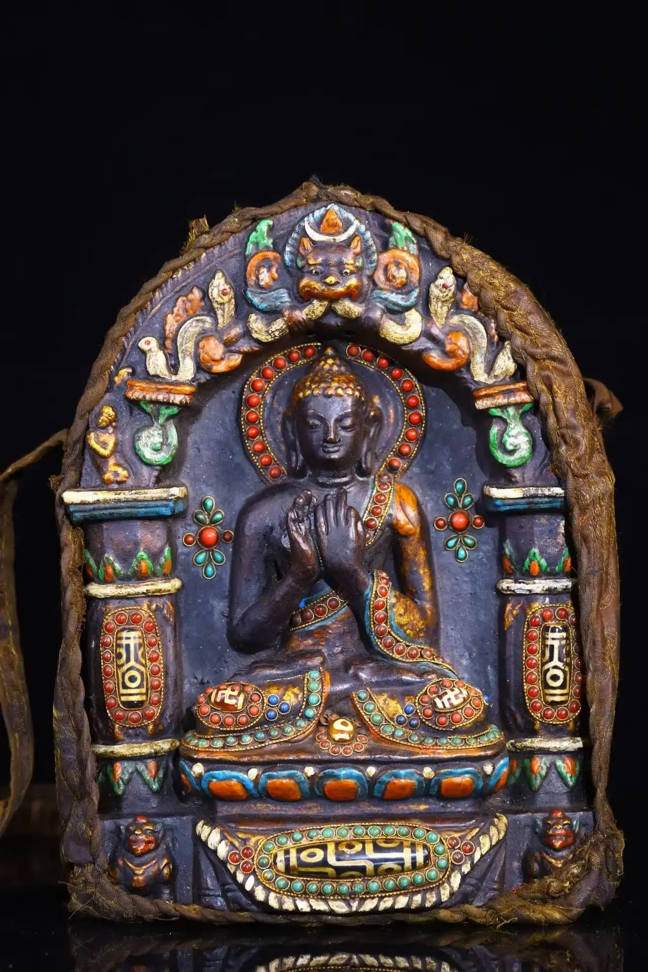 

11"China Collections Old wiping Buddha Mosaic Gem gZi Beads shell Da Ri Tathagata Buddhist Niche Gawu Box Amulet Dharma