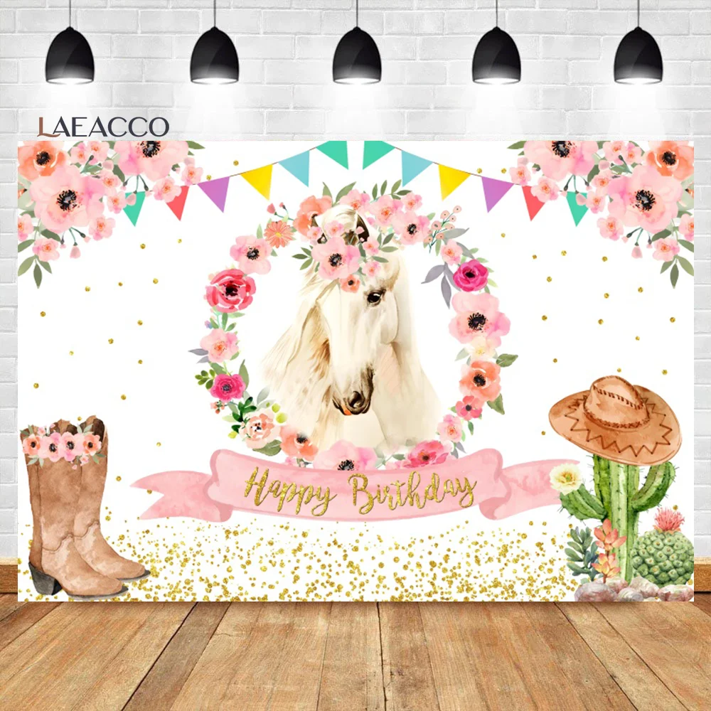 

Laeacco Horse Birthday Backdrop Watercolor Flower Cactus Pink Floral Glitter Western Cowgirls Portrait Photography Background