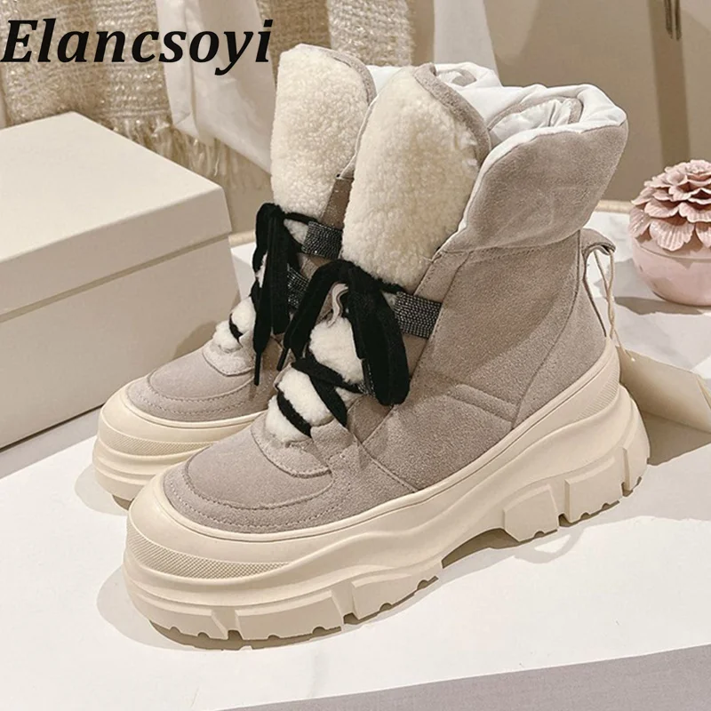 

Autumn Winter Cow Suede Lace Up Short Boots Women's Thick Sole Height Increasing Ankle Botas Female Anti Slip Warm Snow Boots