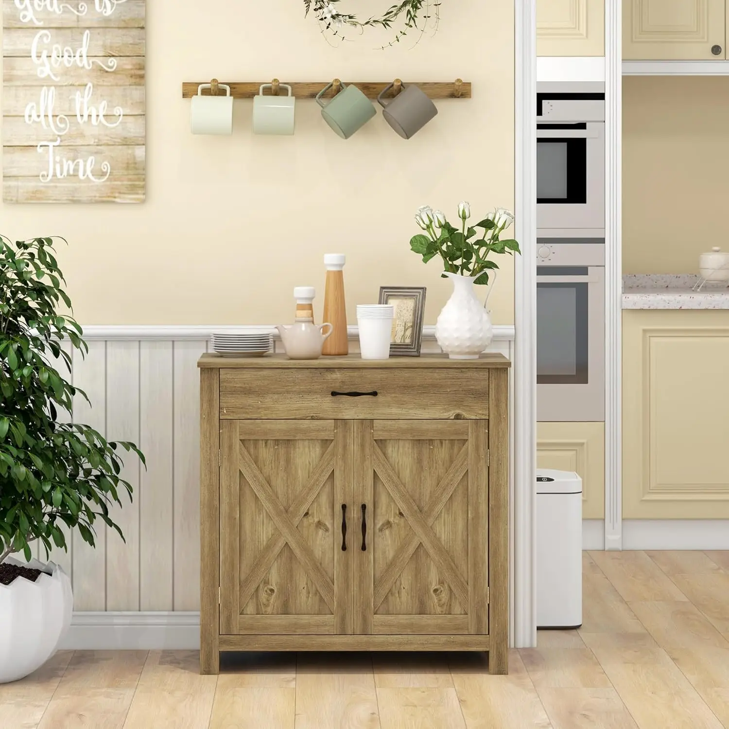 Farmhouse Sideboard Buffet Cabinet with Drawer and Adjustable Shelf, Kitchen Cabinet for Living Room, Entryway