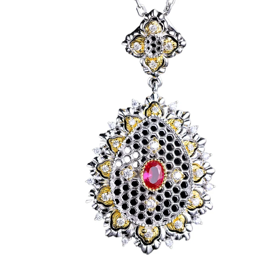 2024 New Style Sterling Silver 925 Jewelry Vintage Hollowed Out Lace Gold Plated Red Stone Pendant For Women