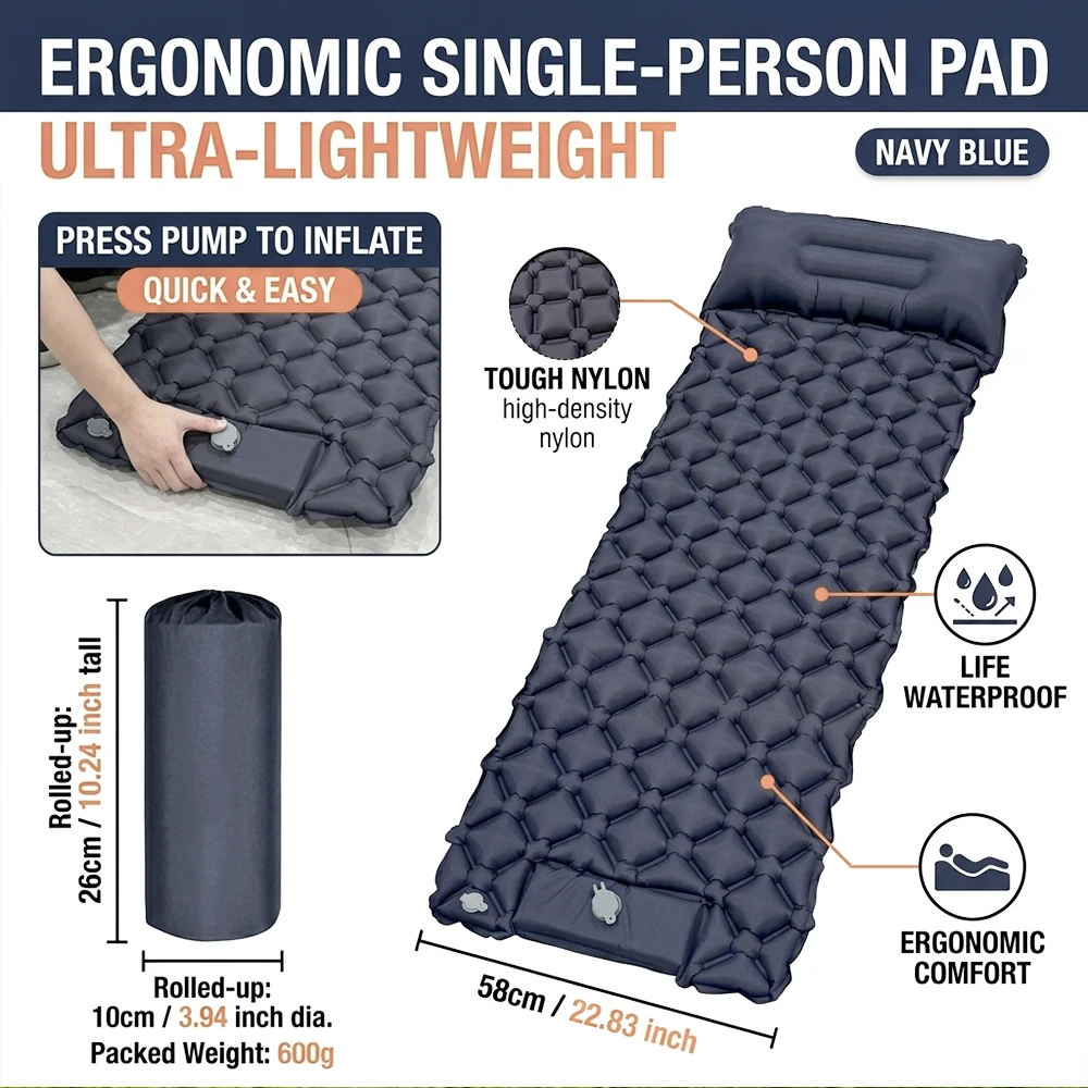 Camping Sleeping Pad - Ultra-Light Inflatable Mattress with Built-In Foot Pump & Pillow, Upgraded Compact Air Mattress - view 5