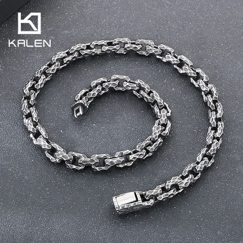 

KALEN Vintage Chunky Knockout Pattern Necklace For Men Oil Black Stainless Steel Jewelry Rock Choker Heavy Link Chain Accessory