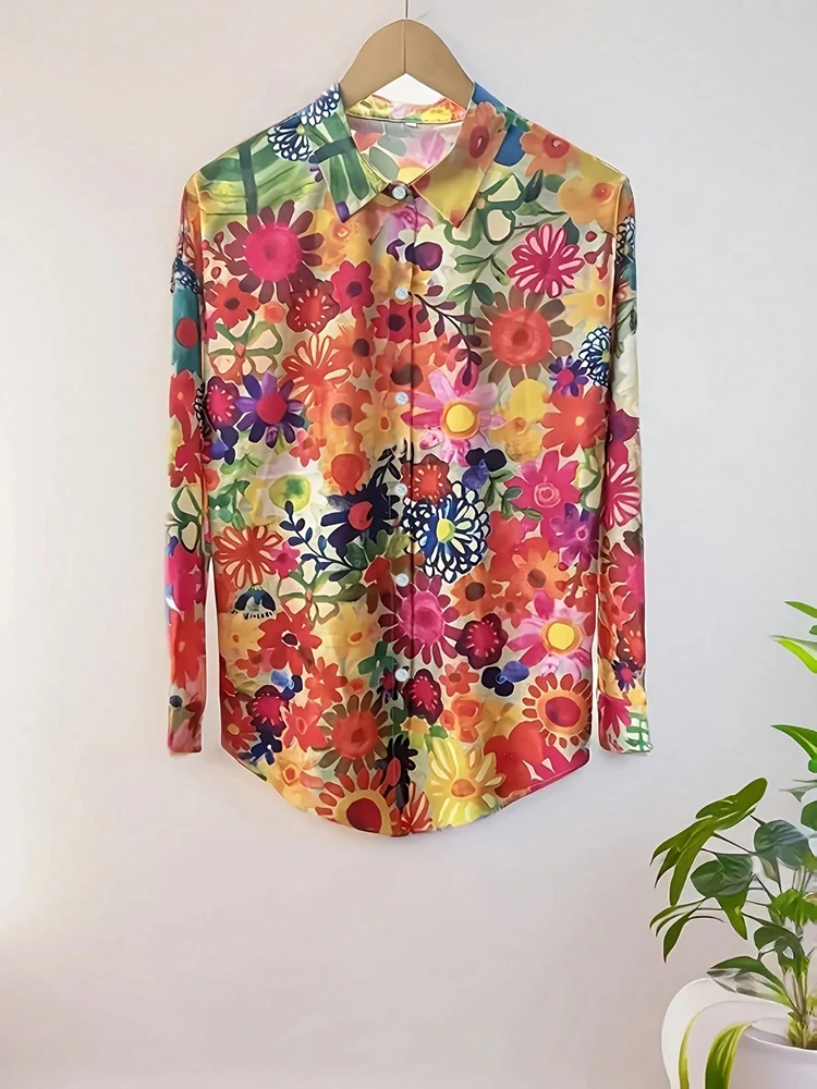 Koszula codzienna plus size z nadrukiem, z guzikami, zapinana na jeden rząd guzików, domowa moda, basic, uniwersalna koszulka.