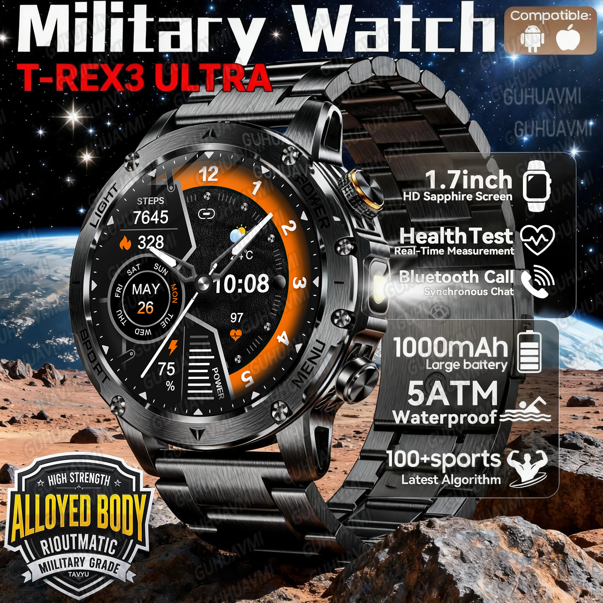 

Military T-Rex 3 Ultra 1000mAh Battery Smart Watch 5ATM Waterproof Flashlight Heart Rate Sports tracker Built-in GPS Smartwatch