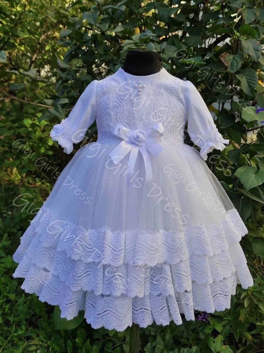 

Платье на крестины для маленьких девочек, многоуровневое кружевное платье с длинными рукавами на день рождения, 3D цветы, детское свадебное платье на заказ для девочек-цветочниц