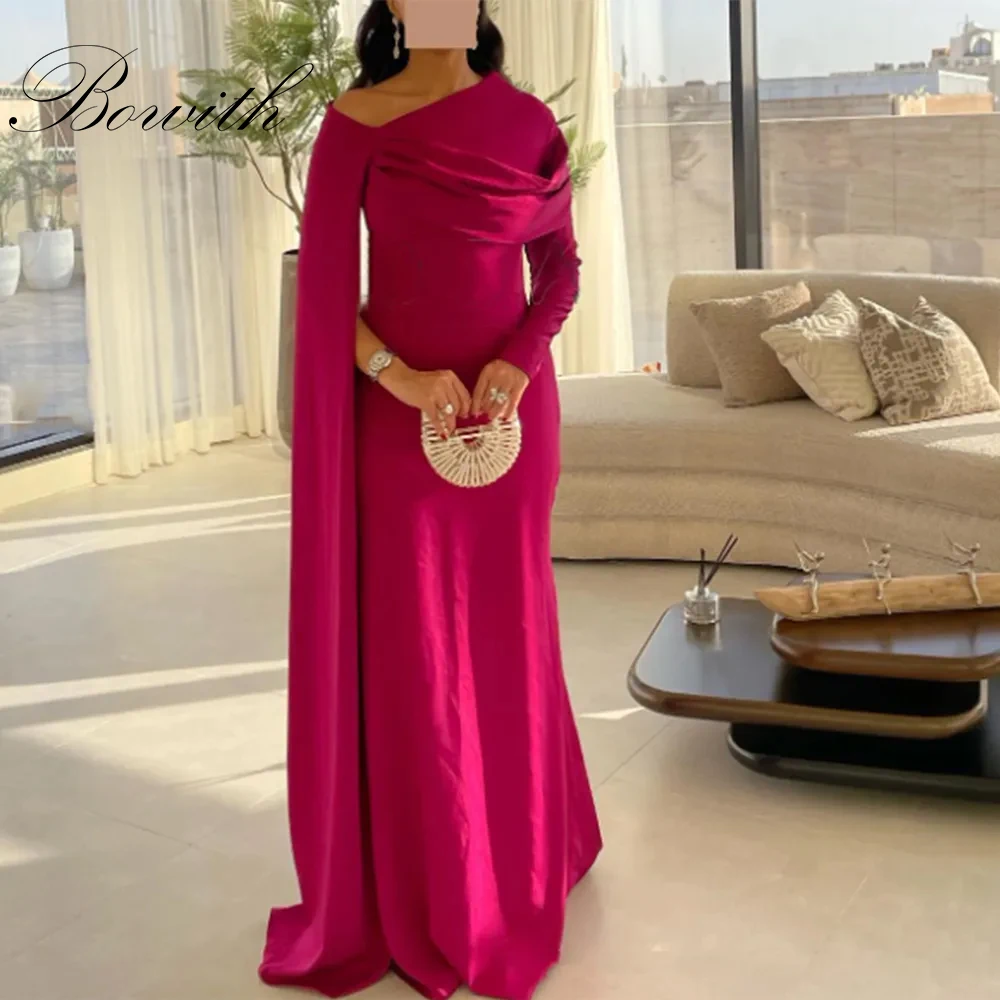 

Bowith Said Fuchsia One Shoulder Evening Dresses Dubai Lemon Yellow with Cape for Woman Wedding Guest Dress Prom Gown Customized