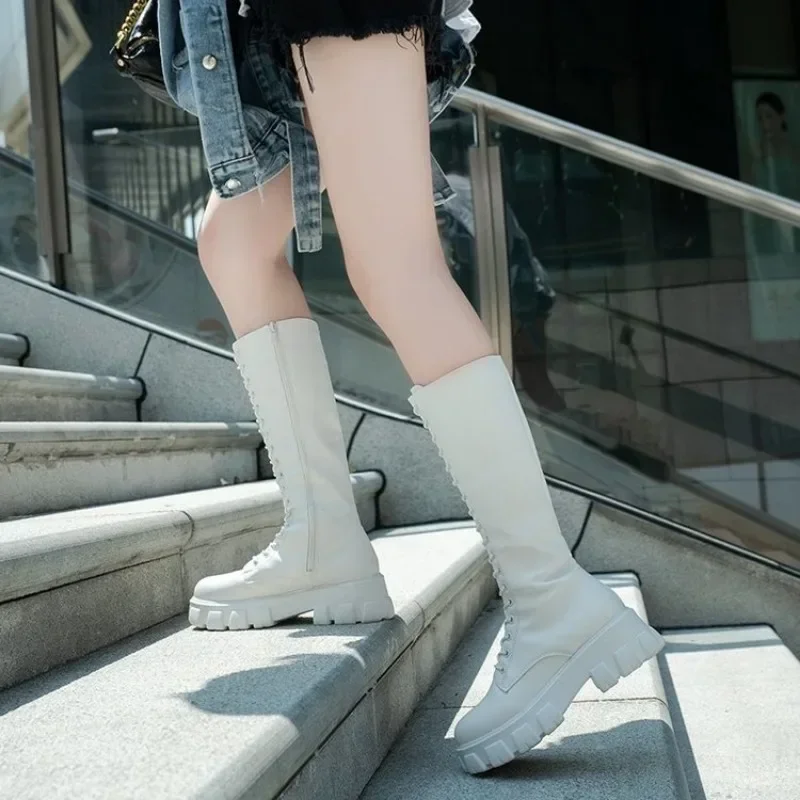 Women's Mid Calf Boots Padded Shoes Knee High Winter Sneakers Punk Style Military Casual White Black  Lucury Platform Woman