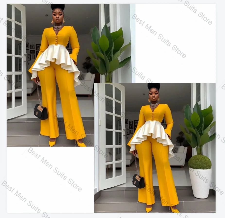 Yellow White Women Suit Pants Set 2 Pcs Blazer+Trousers Splicing Colors Formal Office Jacket Customized Wedding Tuxedo Prom Coat