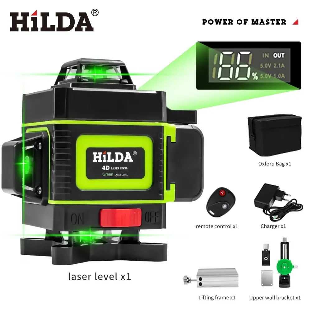 Hilda 16/12 líneas láser nivel verde Línea Verde selfleveling 360 horizontal y vertical Super potente láser haz verde