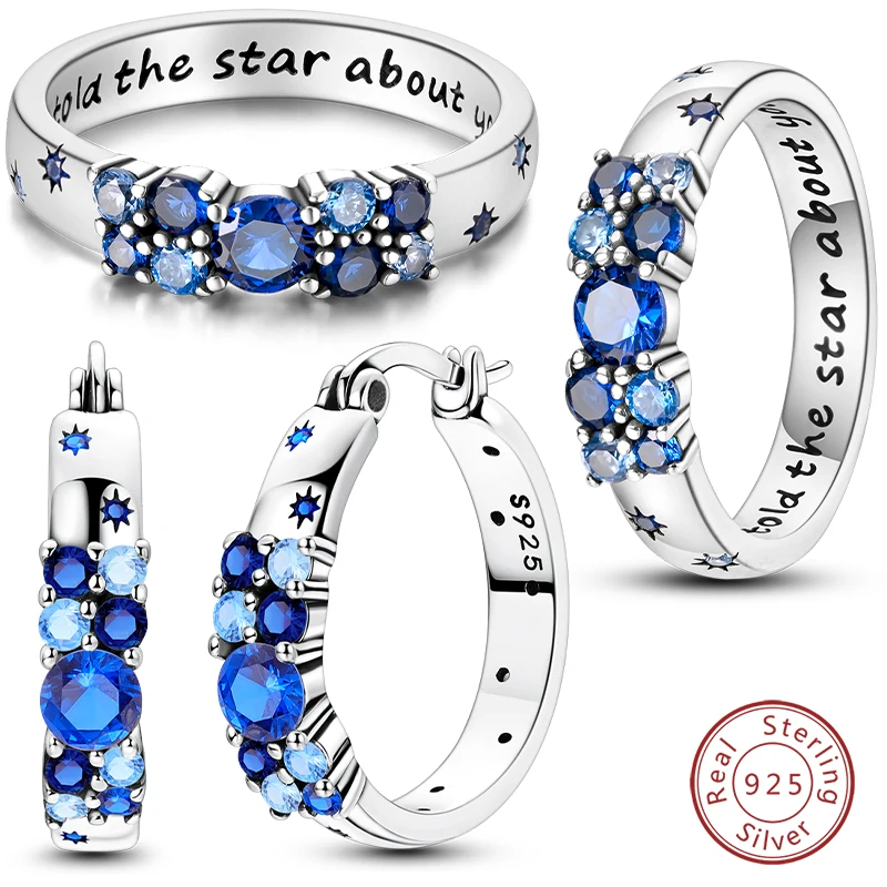 

Оригинальный комплект из стерлингового серебра 925 пробы с синим кубическим цирконием, кольца и серьги со звездами, элегантный подарок на день рождения и свадьбу