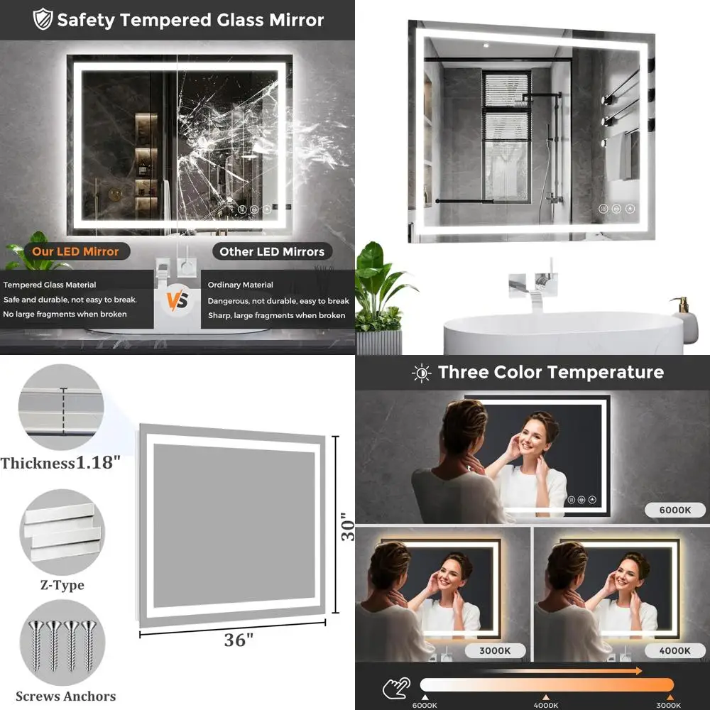 

Зеркало для ванной с LED-подсветкой 36x30 дюймов, трехцветное, с функцией антизапотевания, регулировкой яркости, из закаленного стекла с функцией памяти