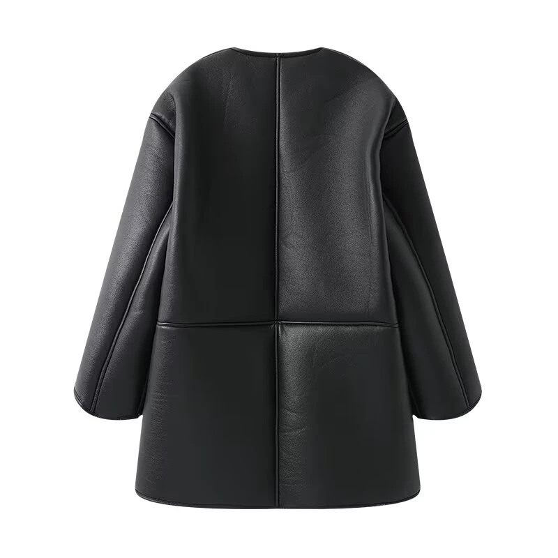 KEYANKETIAN Winter New Women's Round Neck Zipper Curled Edge Splicing Long Sleeve Fleece Imitation Leather Jacket Women Coat