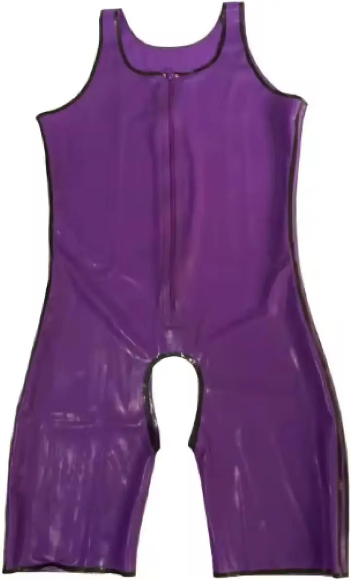 

Mens Sleeveless Latex Catsuit with Front Zip Crotch Opened Rubber Bodysuit Jumpsuit