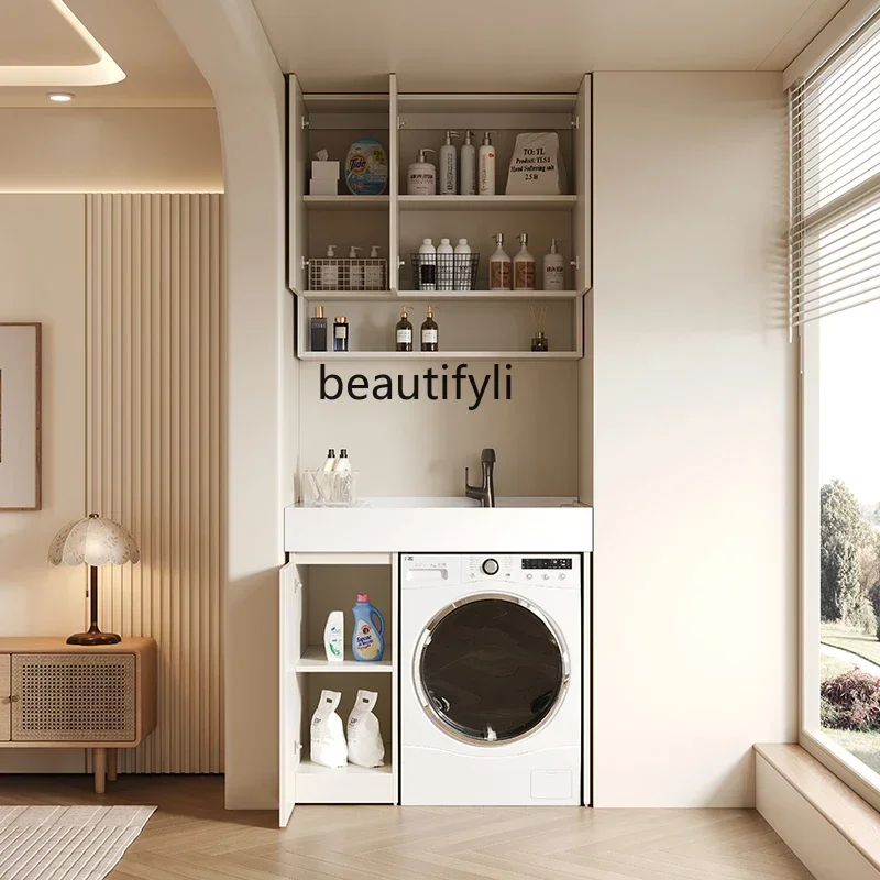 

56 Balcony small apartment washing machine cabinet bathroom with rubbing board quartz stone sink integrated combination