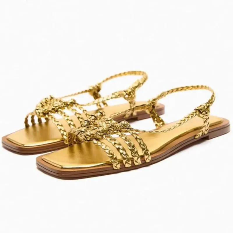 2024 Summer Flats Sandals Women French Style Handmade Knitted Golden Roman Sandal Women\'s Bohemian Flat Shoes Sandalias Mujer