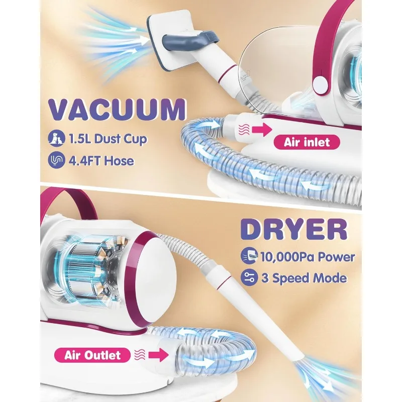 전문 애완동물 미용 진공청소기 (털갈이 브러쉬, 클리퍼, 드라이어, 클리너 포함), 1.5L 먼지통, 강아지, 고양이용 애완동물 미용 키트