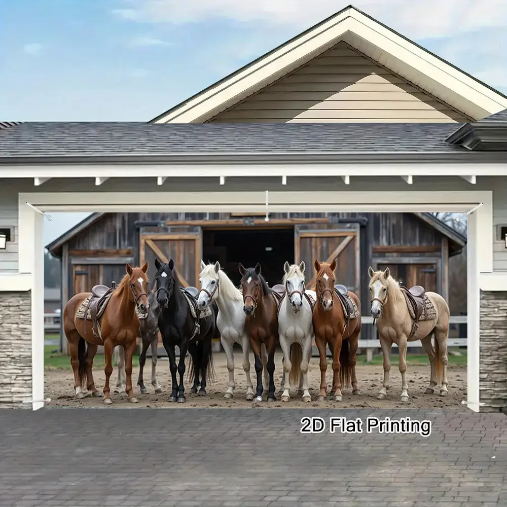 1pc Western Ranch Horses Door Banner - Large Horses & Bucking Bronco Design, Durable Outdoor/ Garage/Wall Decoration
