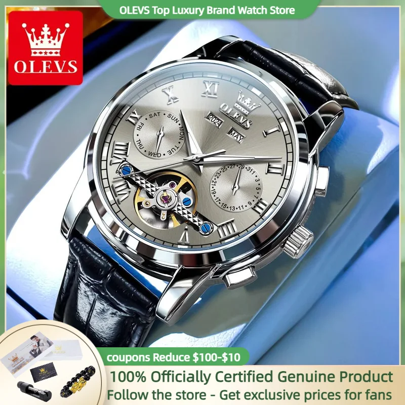 OLEVS Automatic Mechanical Wristwatch for Men Leather Strap Date Year Flywheel Design High Quality Male Wristwatches 2024 ﻿