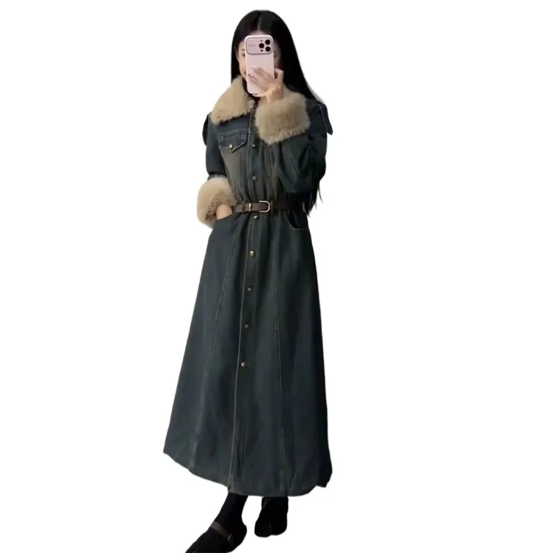 Autumn and Winter New Medela Retro Fur Collar Denim Dress Femininity Waist Thin Single-breasted Long Dress Temperament Commuting