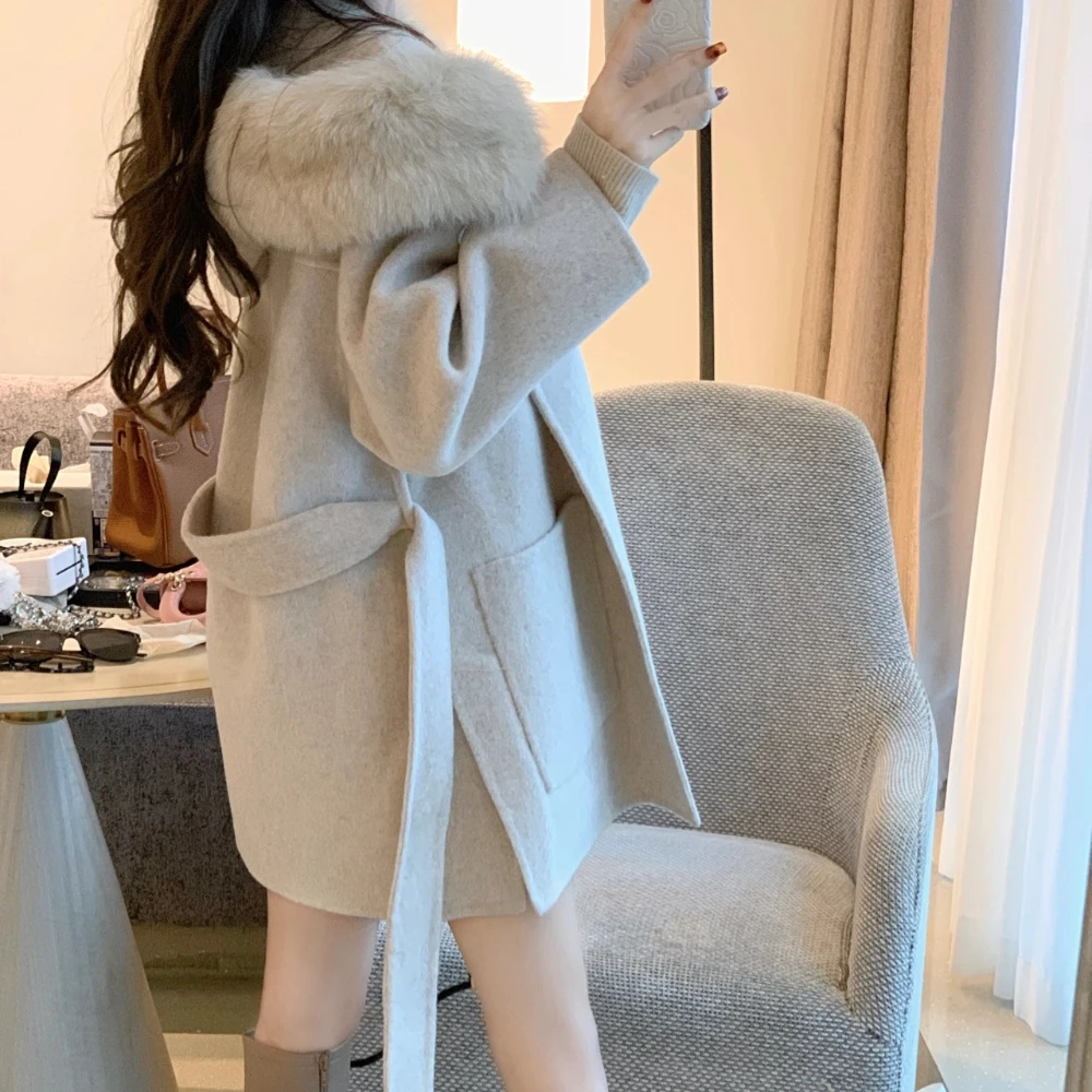 New Oversize Ladies Outerwear 2023 Imitation fox hair Coat Winter Jacket Women  Fox Fur Collar Cuffs Hood Cashmere Wool Woolen