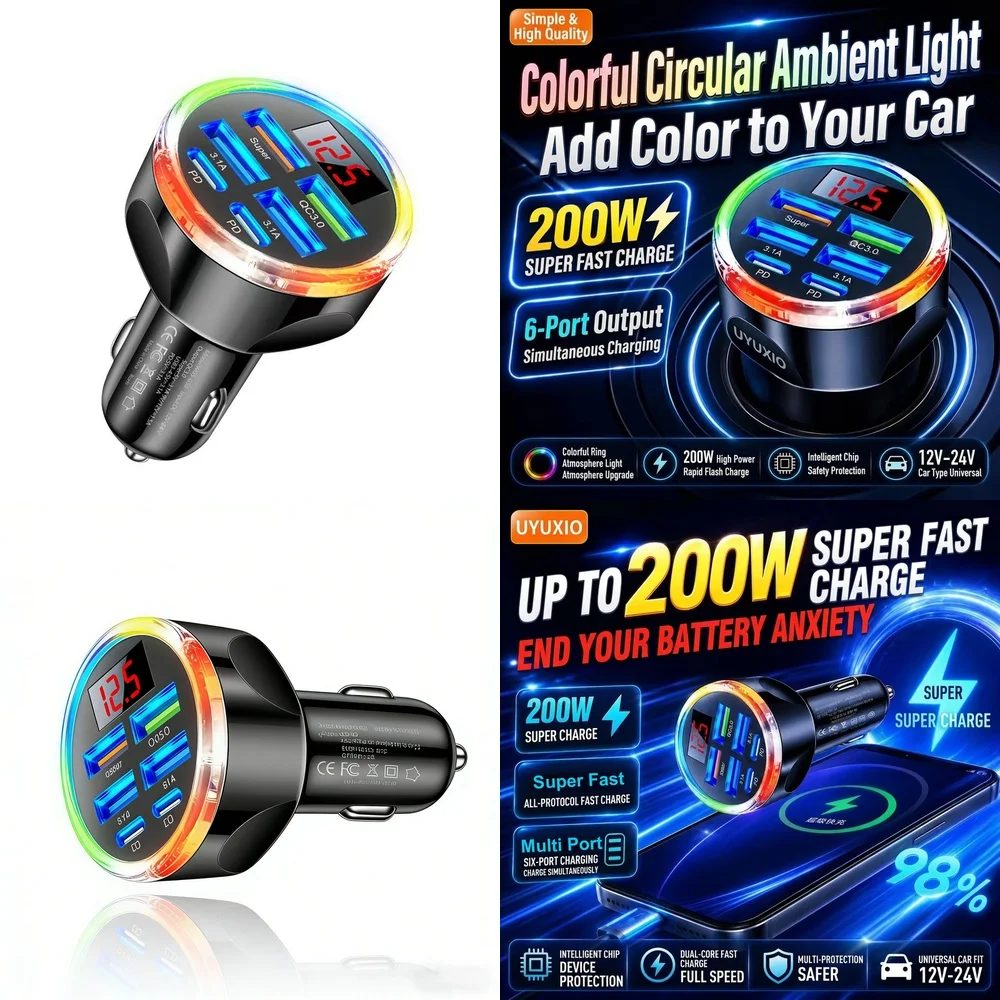 6 in 1 Multi USB Car Charger Plug Trending for iPhone 18 17 16 Samsung S26 S25 S24 with RGB Light Real Time Digital Voltage Hub