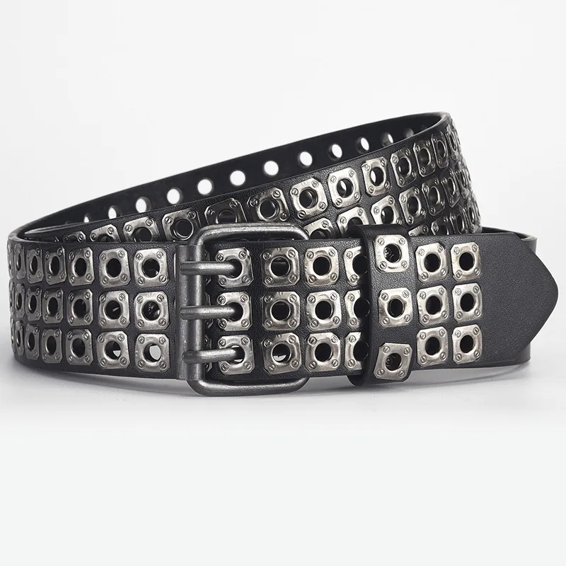 New Style Square Bead Willow Nail Three row Air eye Punk Men Belt Women The Same Personality Trend Pants Clothing Accessories