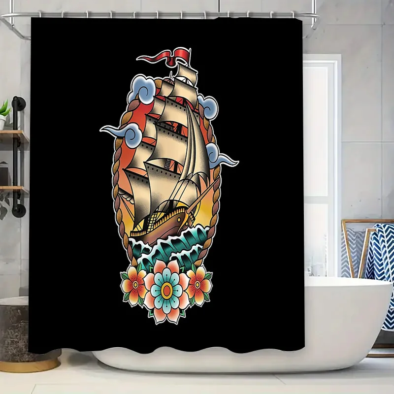 

Vintage Ship Shower Curtain Nautical Ocean Theme Bathroom Decor Set Waterproof Sea Liner Coastal Decor Artistic Pattern Home Tex