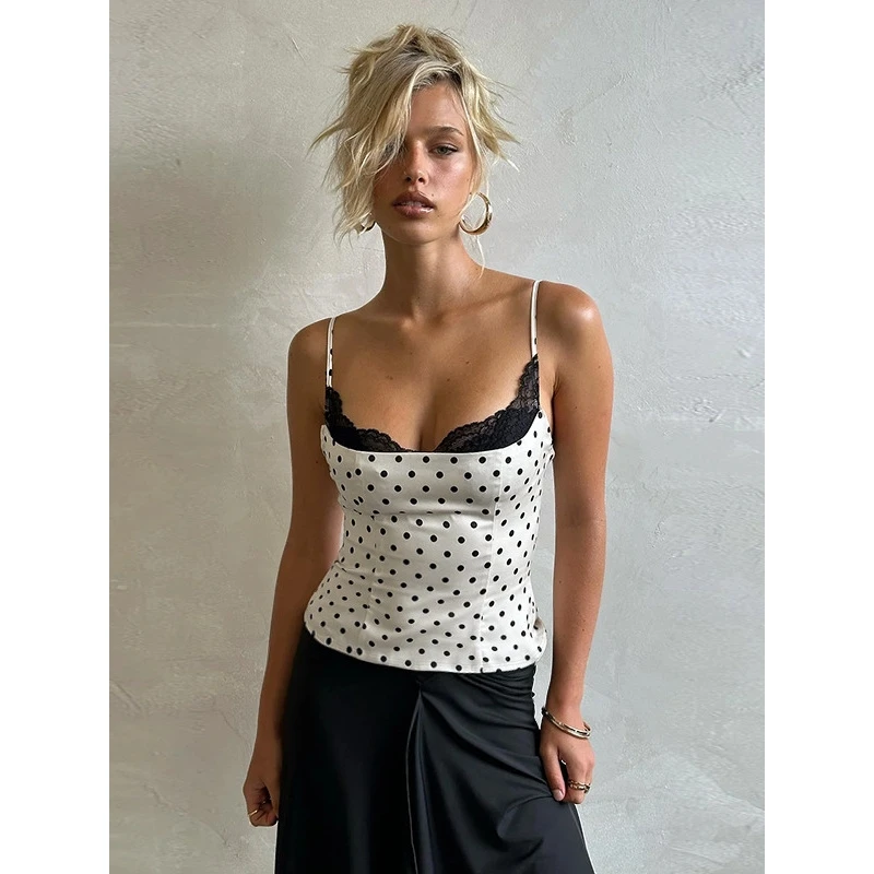 Sexy Lace Splice Slimming Polka Dot Strap Women's Fashion Sweet And Spicy Style Top Cross-Border Bicolor Halter Neck Crop Top