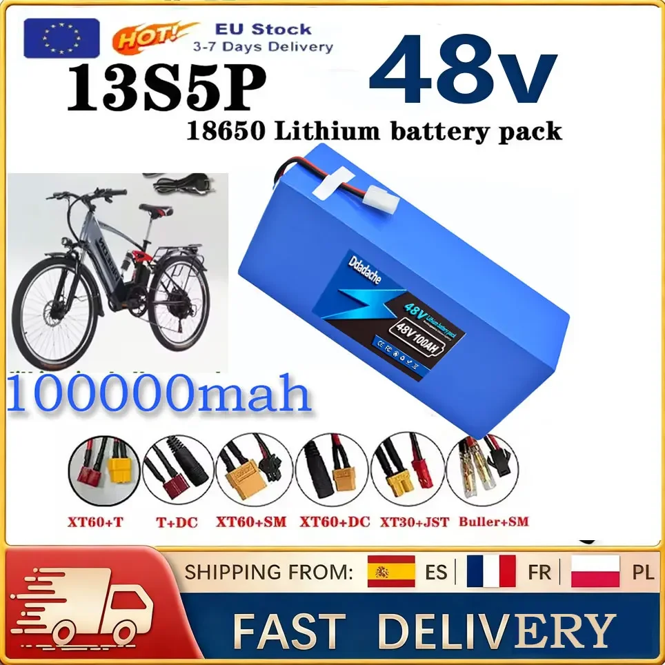 Pacco batterie al litio 18650 da 48 V e 100 Ah, configurazione 13S5P, con sistema di gestione della batteria (BMS) intelligente integrato, per macchinari elettrici da 500-1000 W + caricabatterie.