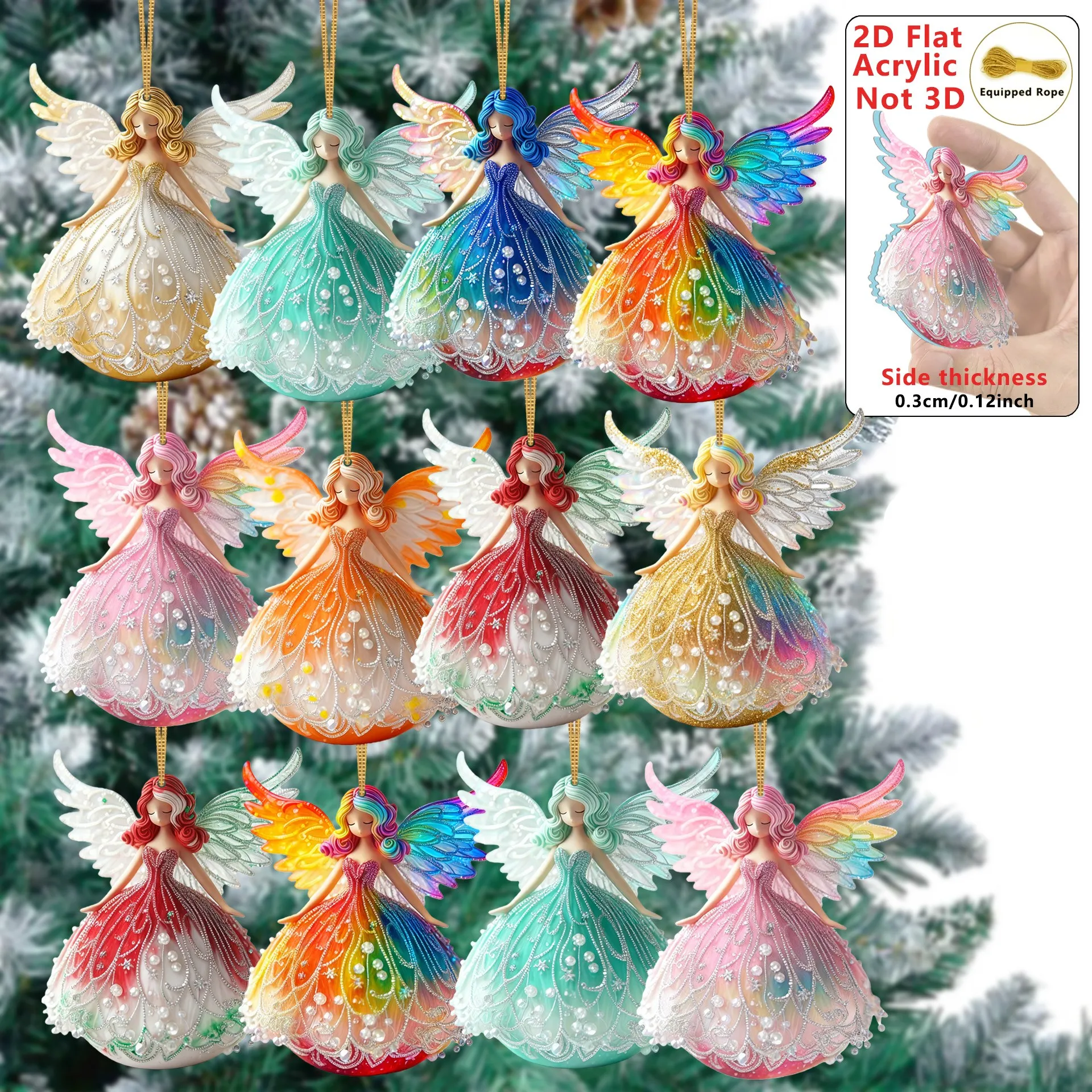 8 pendentifs décoratifs de Noël en acrylique 2D faits à la main en forme d'ange, décorations festives pour arbre de Noël, fournitures de fête de Noël, cadeau