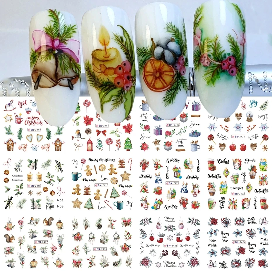 Christmas Nails Slider Holly Leaves Gingerbread Sweet Cakes Hot Coffee Xmas Bell Water Transfer Decal Nail Supplies #BN2413-2424