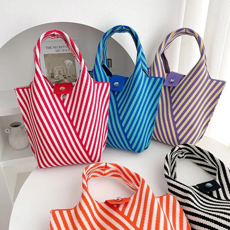 New Striped Knitted Mini Tote Bag Women Girl Casual Shoulder Bag Student Handbag Retro Commuter Bucket Bag Money Purse 28x18cm